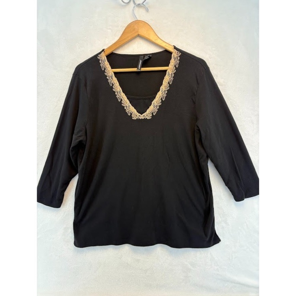 Women's Size 2X Jason Maxwell Knit Black Top Lace Trim Neckline Cottage, Twee
